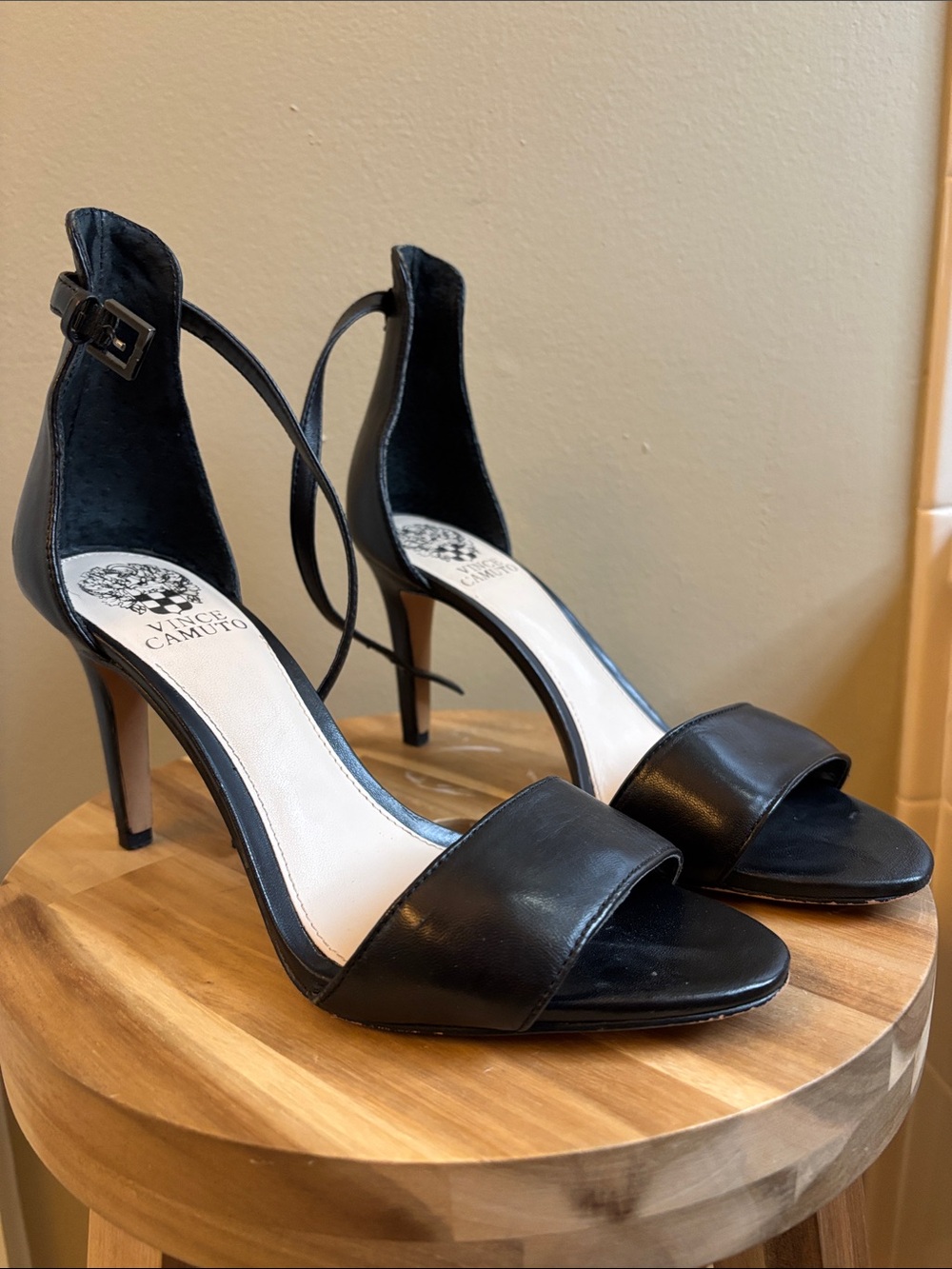 Vince Camuto Black Leather Open-Toe Ankle-Strap Heels